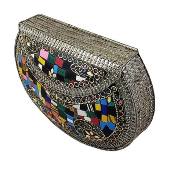 RAMLA L'Oriental Handmade Silver Multicolor Mosaic Metal Crossbody Clutch New - Picture 8 of 8